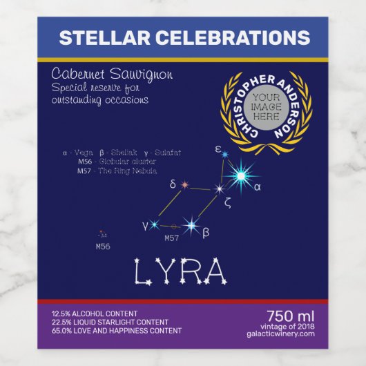 Noordelijke Hemisphere Constellation Lyra Wijn Etiket (Enkel label)