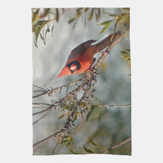 Noordelijke Kardinaal in Wax Myrtle Theedoek (Verticaal)