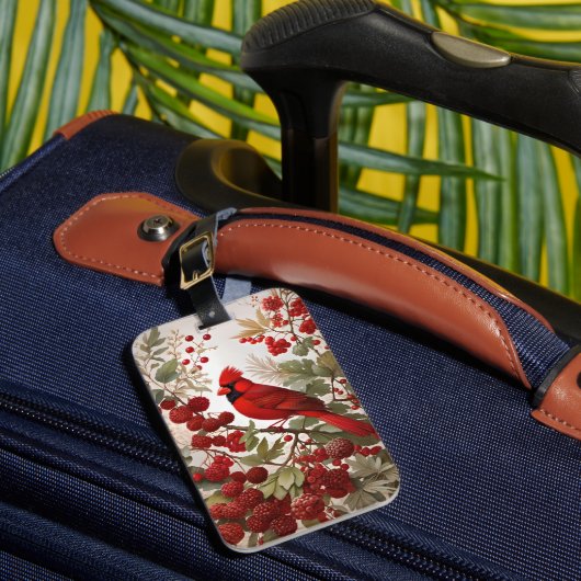 Noordelijke Kardinaal Vogel Rode Bessen Bagagelabel (Voorkant Insitu 1)