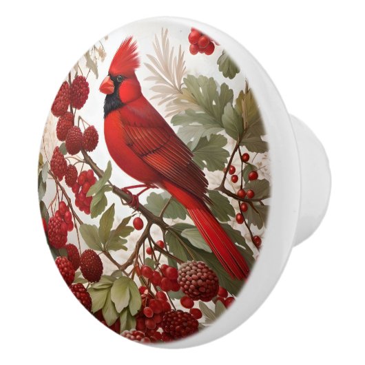 Noordelijke Kardinaal Vogel Rode Bessen Keramische Knop (Rechts)