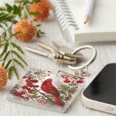 Noordelijke Kardinaal Vogel Rode Bessen Sleutelhanger (Voorkant Rechts)