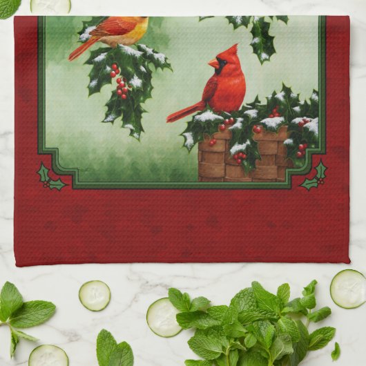 Noordelijke Kardinalen en Holly Red Theedoek (Gevouwen)