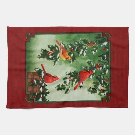 Noordelijke Kardinalen en Holly Red Theedoek (Horizontaal)
