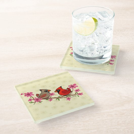 Noordelijke Kardinalen in de bloesologe tak Glazen Onderzetter (Schuin)