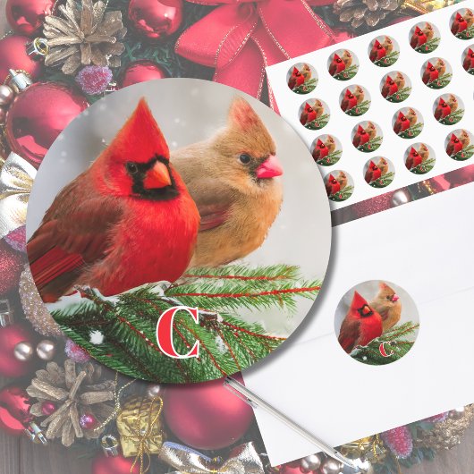 Noordelijke kardinalen in pijnboomfamilie Initial Ronde Sticker