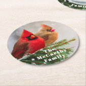 Noordelijke Kardinalen in Pine Tree Familienaam Ronde Kartonnen Onderzetter (Gebogen)