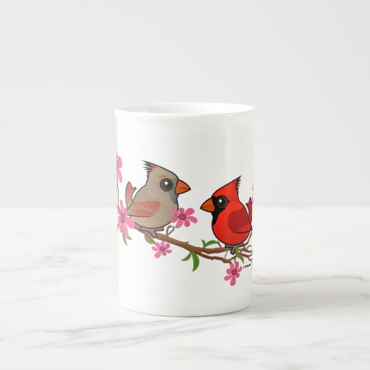 Noordelijke kardinalen op Blossom Branch Porselein Kop (Voorkant)