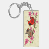 Noordelijke kardinalen op Blossom Branch Sleutelhanger (Voorkant Links)