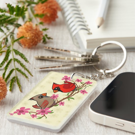 Noordelijke kardinalen op Blossom Branch Sleutelhanger (Voorkant Rechts)