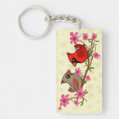 Noordelijke kardinalen op Blossom Branch Sleutelhanger (Voorkant)
