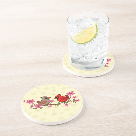 Noordelijke kardinalen op Blossom Branch Zandsteen Onderzetter (Zijkant)