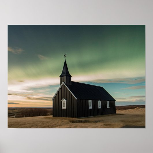 Noordelijke lichten in de Budir-kerk Poster (Voorkant)