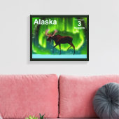 Noordelijke Lichten Moose - Alaska Postage Canvas Afdruk (Insitu (Woonkamer))