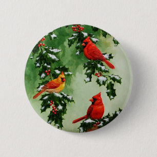 Noordelijke Rode Kardinalen en Holly Ronde Button 5,7 Cm