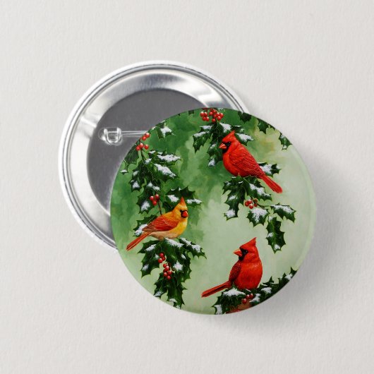 Noordelijke Rode Kardinalen en Holly Ronde Button 5,7 Cm (Voorkant /achterkant)