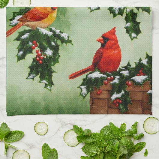 Noordelijke Rode Kardinalen en Holly Theedoek (Gevouwen)