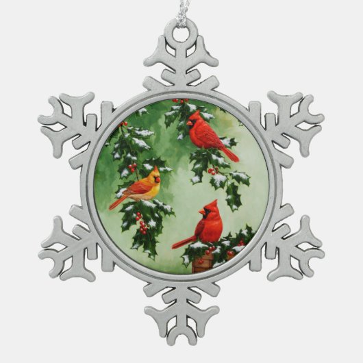 Noordelijke Rode Kardinalen en Holly Tin Sneeuwvlok Ornament (Voorkant)