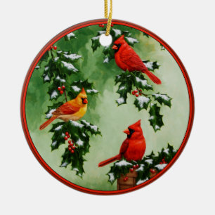 Noordelijke rode kardinalen en hulst keramisch ornament