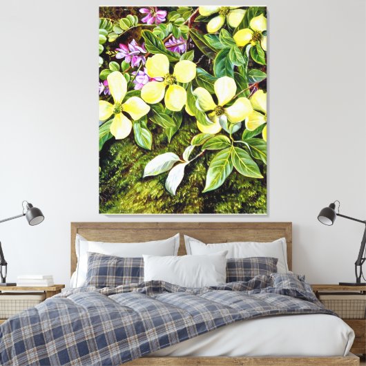 Noorden - Bloemen van een Dogwood en een Indigo Canvas Afdruk (Insitu (Slaapkamer))