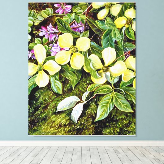 Noorden - Bloemen van een Dogwood en een Indigo Canvas Afdruk (Insitu (Houten vloer))