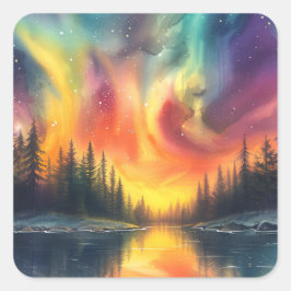 Noorderlicht aan het meer met sterren vierkante sticker
