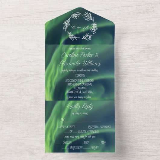 Noorderlicht Aurora Borealis bruiloft All In One Uitnodiging (Binnen)