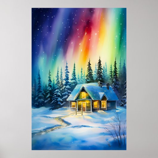 Noorderlicht aurora borealis Kersthuis Poster (Voorkant)