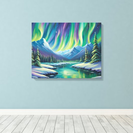 Noorderlicht boven de bergen canvas afdruk (Insitu (Houten vloer))