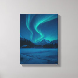 Noorderlicht boven een bevroren hut canvas afdruk