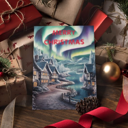 Noorderlicht boven een charmant huis kerst briefkaart