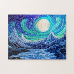 Noorderlicht boven Noorse fjord quilling Legpuzzel