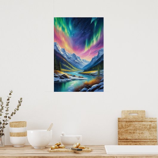 Noorderlicht boven Snowy Valley Poster (Keuken)