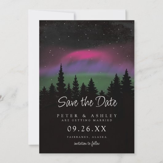 Noorderlicht-huwelijk op de bergtop Save the Date (Voorkant)