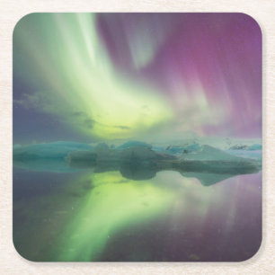 Noorderlicht in lagune   Jokulsarlon, IJsland Kartonnen Onderzetters