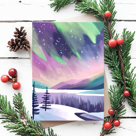 Noorderlicht Kleurrijke Winter Nacht | Waterverf Briefkaart