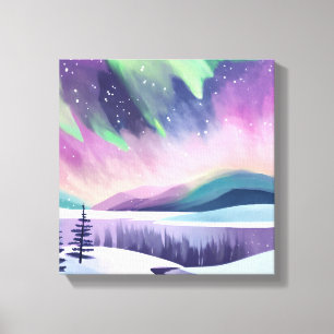 Noorderlicht Kleurrijke Winter Nacht   Waterverf Canvas Afdruk