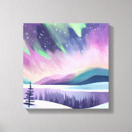 Noorderlicht Kleurrijke Winter Nacht | Waterverf Canvas Afdruk