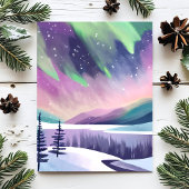 Noorderlicht kleurrijke winternacht | Waterverf Briefkaart