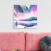 Noorderlicht kleurrijke winternacht | Waterverf Canvas Afdruk (Insitu (Woonkamer))