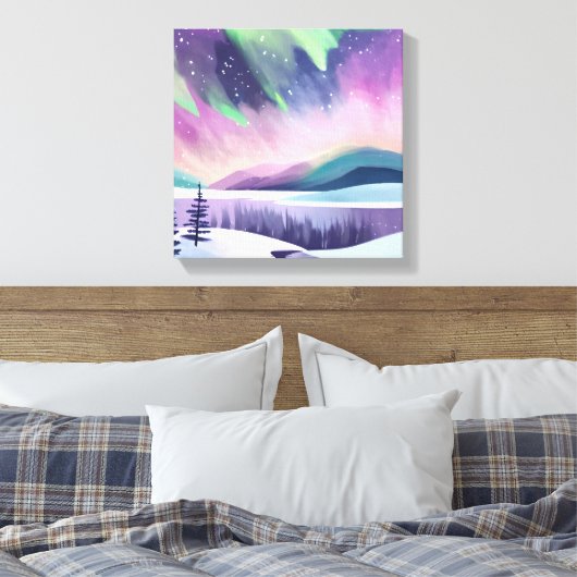 Noorderlicht kleurrijke winternacht | Waterverf Canvas Afdruk (Insitu (Slaapkamer))