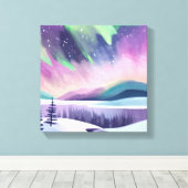Noorderlicht kleurrijke winternacht | Waterverf Canvas Afdruk (Insitu (Houten vloer))