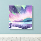 Noorderlicht kleurrijke winternacht | Waterverf Canvas Afdruk (Insitu (Houten vloer))
