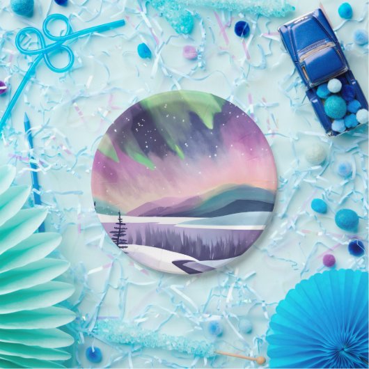 Noorderlicht kleurrijke winternacht | Waterverf Papieren Bordje (Feest)