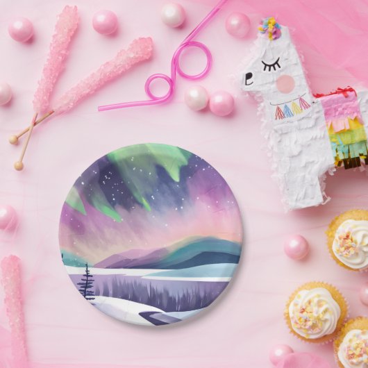 Noorderlicht kleurrijke winternacht | Waterverf Papieren Bordje