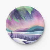 Noorderlicht kleurrijke winternacht | Waterverf Papieren Bordje (Voorkant)