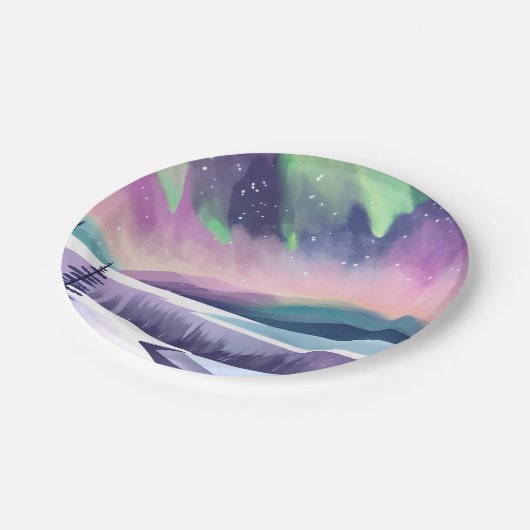 Noorderlicht kleurrijke winternacht | Waterverf Papieren Bordje (Gekanteld)
