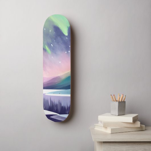 Noorderlicht kleurrijke winternacht | Waterverf Persoonlijk Skateboard (Muurkunst)