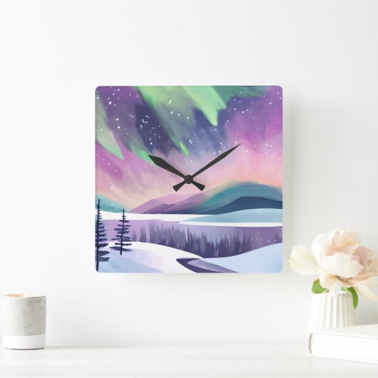 Noorderlicht kleurrijke winternacht | Waterverf Vierkante Klok (Huis)