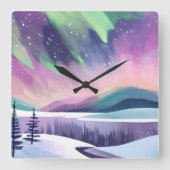 Noorderlicht kleurrijke winternacht | Waterverf Vierkante Klok (Voorkant)