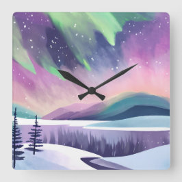Noorderlicht kleurrijke winternacht | Waterverf Vierkante Klok